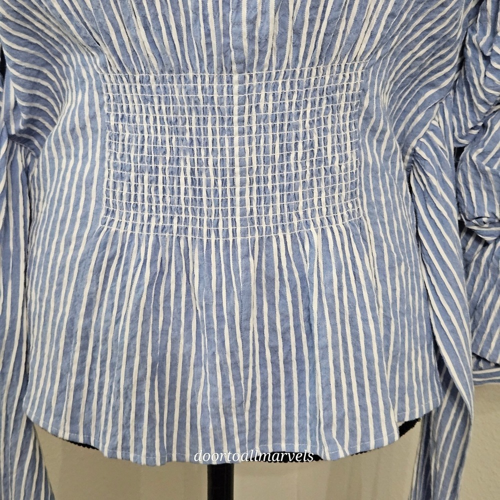 WHBM Seersucker Blouse Statement Ruffle Sleeve Smocked Waist Coastal sz 12 NWT - Picture 8 of 16